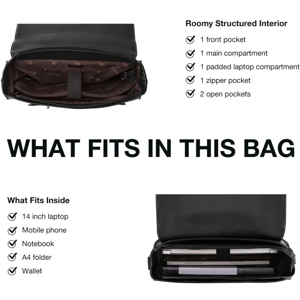 Esecosusi Black Leather Messenger Bag Briefcase Top Handle Crossbody Bag Bookbag